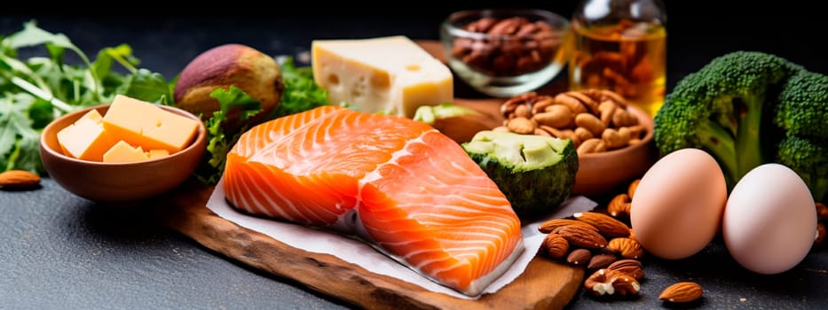 Keto products red fish avocado, nuts, greens on the table. Selective focus. Food.