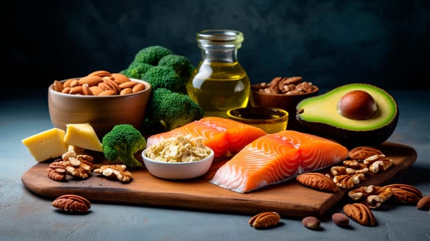 Keto products red fish avocado, nuts, greens on the table. Selective focus. Food.