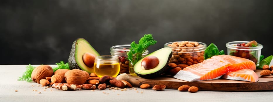 Keto products red fish avocado, nuts, greens on the table. Selective focus. Food.