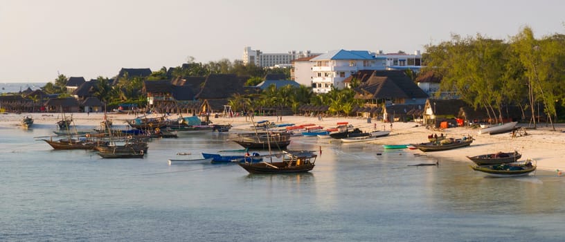 Aerial view of wooden fisherman boats and sandy beach at Kendwa village, Zanzibar,Tanzania