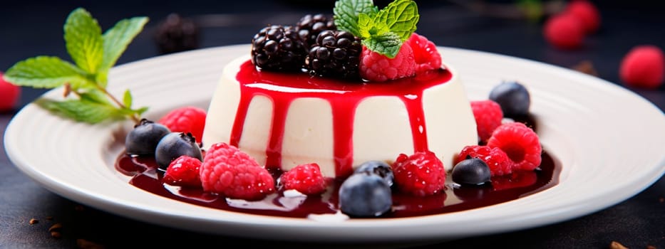 Panna cotta with berries on a plate. Selective focus. Food.