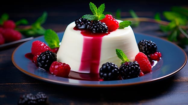 Panna cotta with berries on a plate. Selective focus. Food.