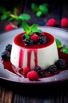 Panna cotta with berries on a plate. Selective focus. Food.