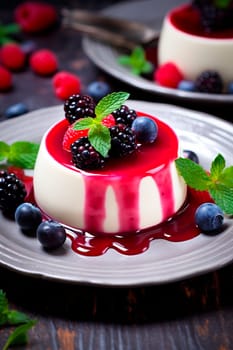 Panna cotta with berries on a plate. Selective focus. Food.