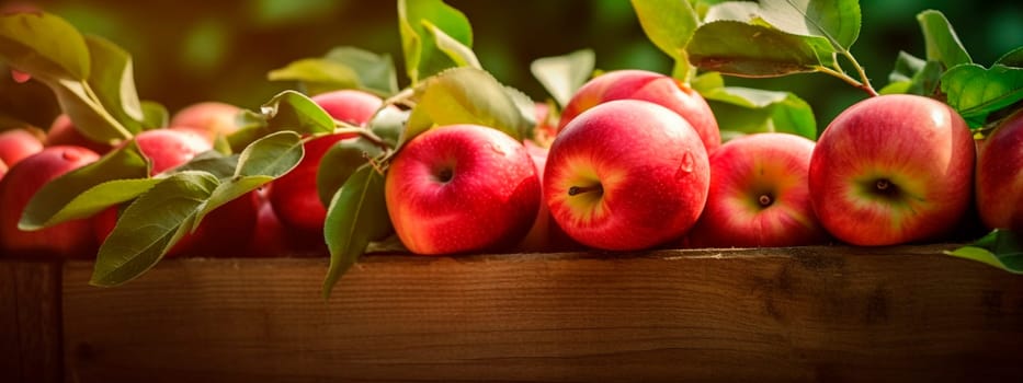 Apple harvest in a box in the garden. Selective focus. Food.