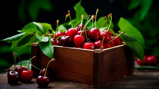 Cherry harvest in a box in the garden. Selective focus. food.