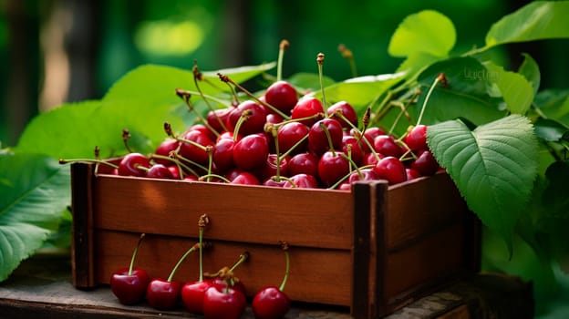 Cherry harvest in a box in the garden. Selective focus. food.