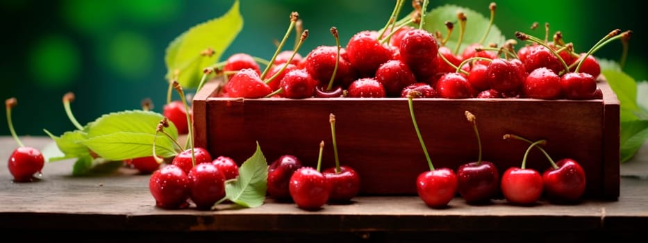 Cherry harvest in a box in the garden. Selective focus. food.