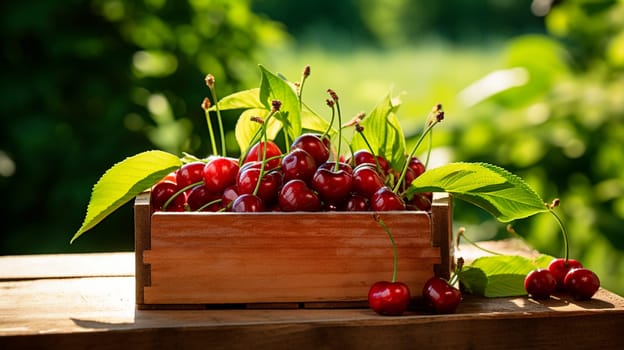 Cherry harvest in a box in the garden. Selective focus. food.