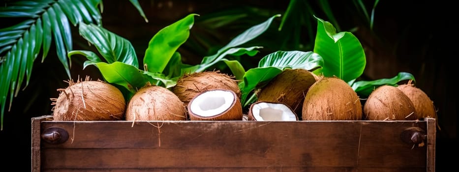 Coconut harvest in a box in the garden. Selective focus. Food.