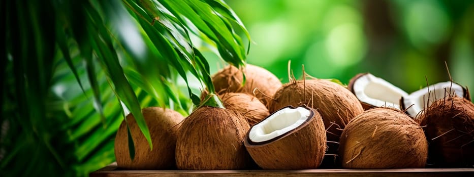 Coconut harvest in a box in the garden. Selective focus. Food.