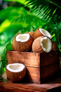 Coconut harvest in a box in the garden. Selective focus. Food.