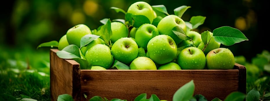 Harvest of green apples in a box in the garden. Selective focus. Food.