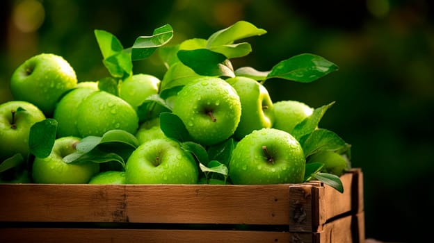 Harvest of green apples in a box in the garden. Selective focus. Food.