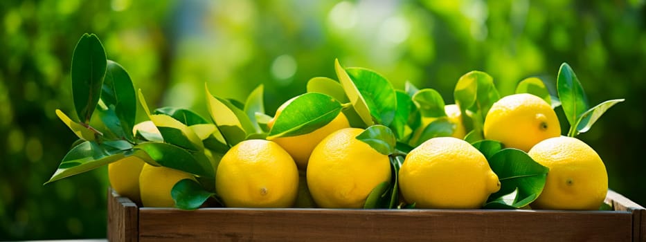 Harvest Lemons in a box in the garden. Selective focus. Food.