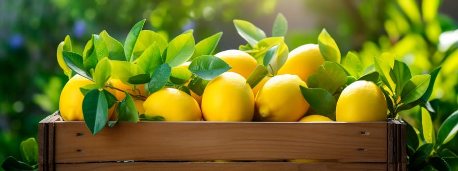 Harvest Lemons in a box in the garden. Selective focus. Food.