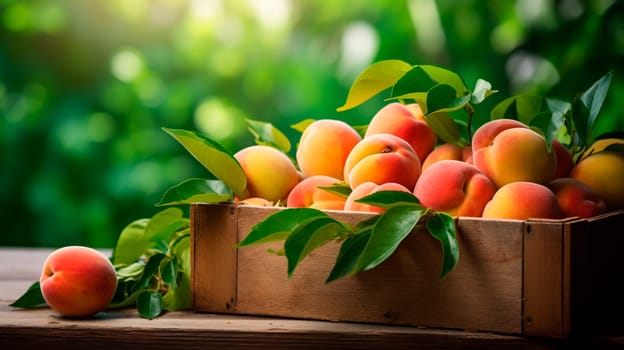 Peaches harvest in a box in the garden. Selective focus. Food.