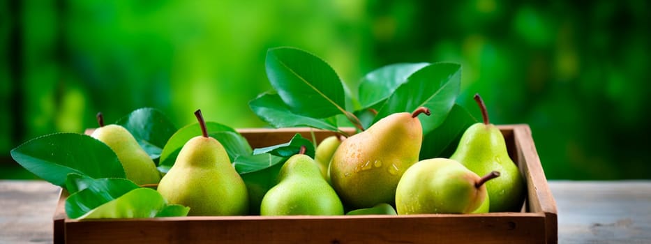 Pear harvest in a box in the garden. Selective focus. Food.