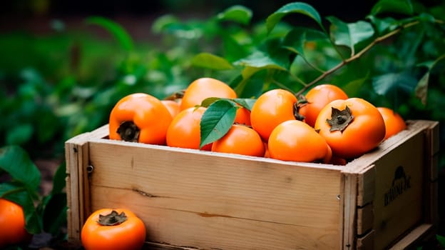 Persimmon harvest in a box in the garden. Selective focus. Food.