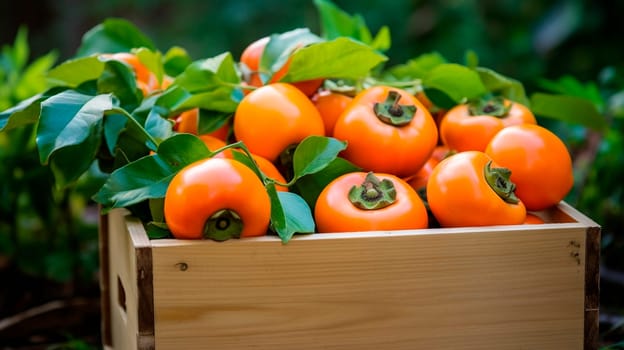 Persimmon harvest in a box in the garden. Selective focus. Food.