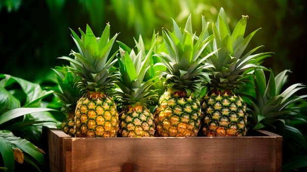 Harvest pineapples in a box in the garden. Selective focus. Food.