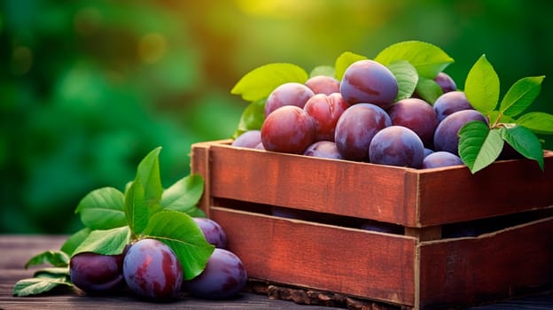 Plum harvest in a box in the garden. Selective focus. Food.