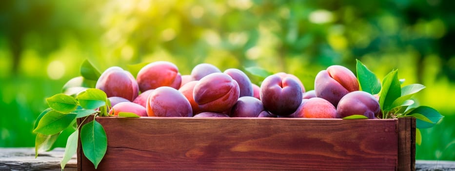 Plum harvest in a box in the garden. Selective focus. Food.