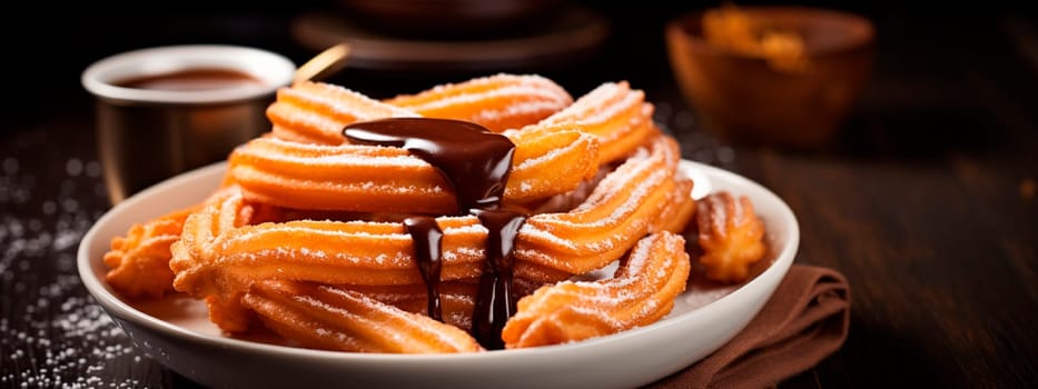 churros with chocolate. Selective focus food