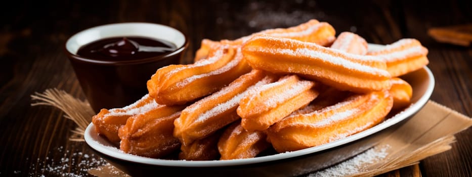 churros with chocolate. Selective focus food