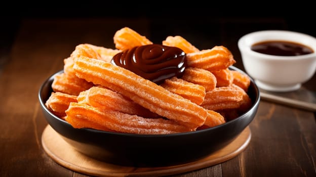 churros with chocolate. Selective focus food