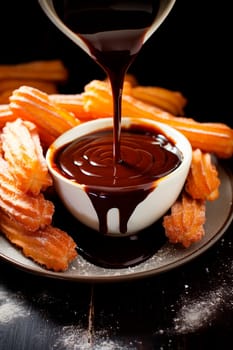 churros with chocolate. Selective focus food