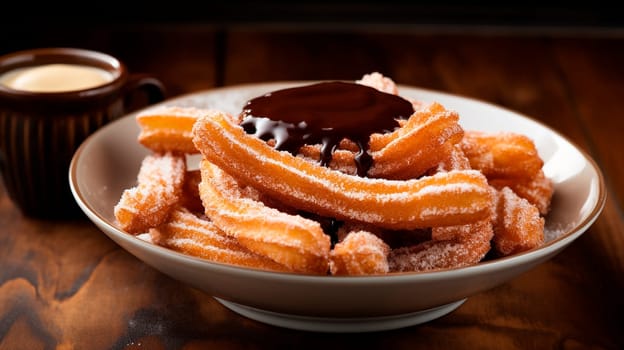 churros with chocolate. Selective focus food