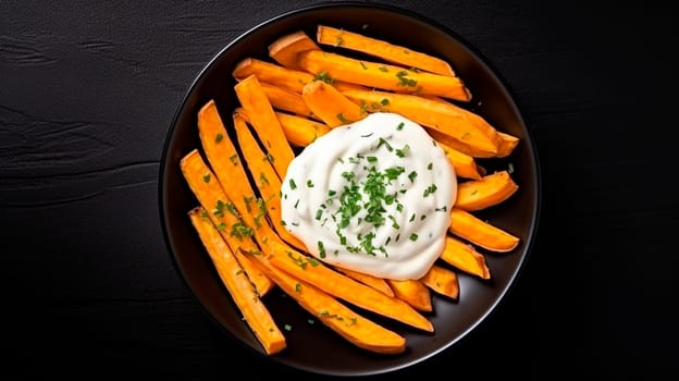 fried sweet potatoes with gravy. Selective focus. food.