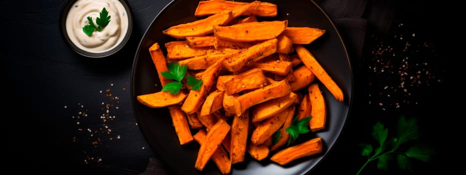 fried sweet potatoes with gravy. Selective focus. food.