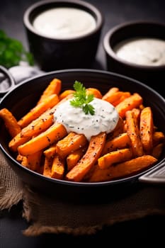 fried sweet potatoes with gravy. Selective focus. food.