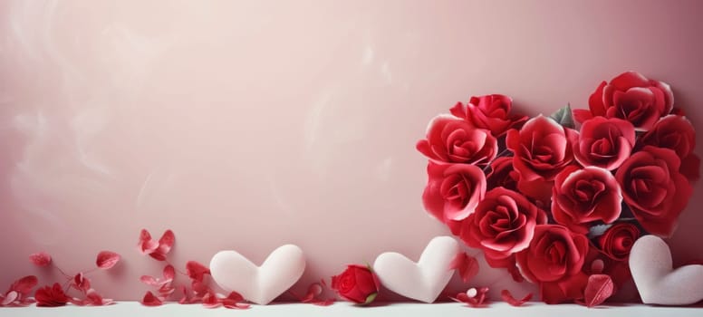 Background with roses and hearts for Valentine's Day. Horizontal banner or greeting card