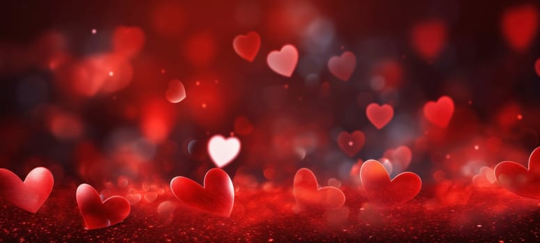 Red background with hearts for Valentine's Day. Abstract horizontal banner or greeting card.