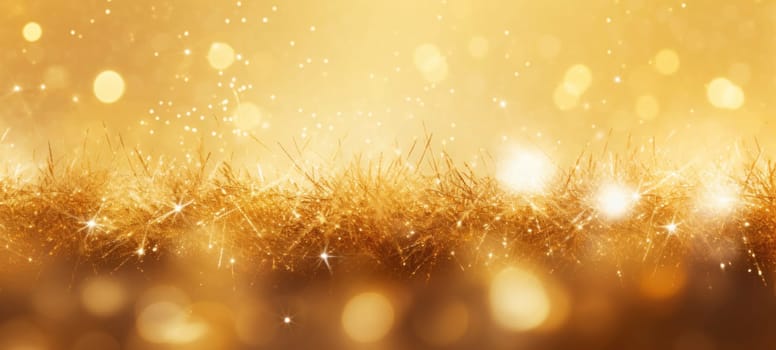 Abstract background with golden fireworks, sparkles, shiny bokeh glitter lights. Festive gold background for card, flyer, invitation, placard, voucher, banner