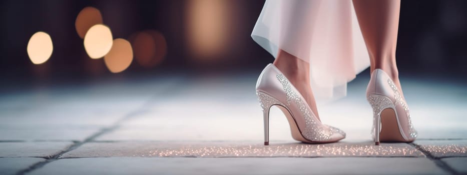 bride's feet in white shoes. Selective focus. people.