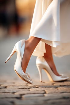 bride's feet in white shoes. Selective focus. people.