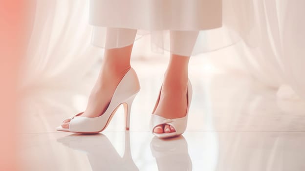 bride's feet in white shoes. Selective focus. people.