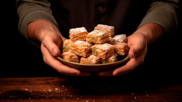 a plate of baklava in the hands of the cook. Selective focus. food.
