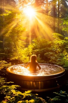 a woman bathes in a hot tub in the forest. Selective focus. nature.