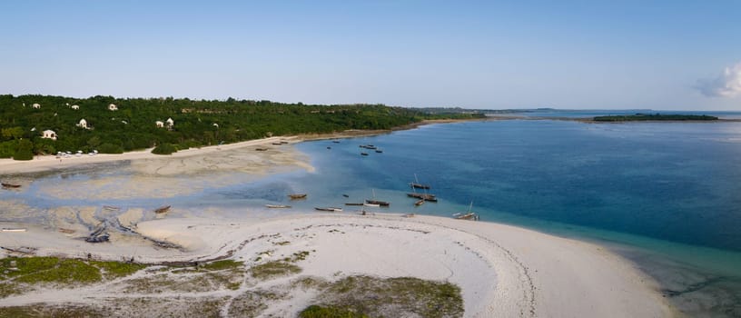 Aerial view of wooden fisherman boats and sandy beach at Kendwa village, Zanzibar,Tanzania