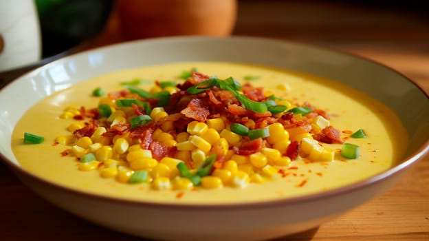 cream soup with corn and bacon. Selective focus. food.