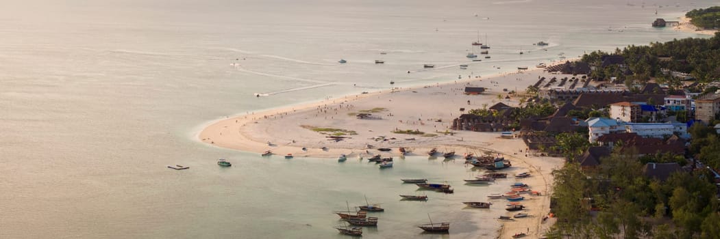 Aerial view of wooden fisherman boats and sandy beach at Kendwa village, Zanzibar,Tanzania