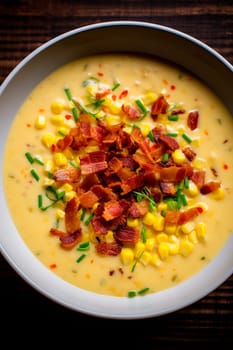 cream soup with corn and bacon. Selective focus. food.