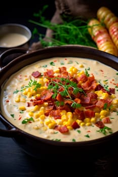 cream soup with corn and bacon. Selective focus. food.