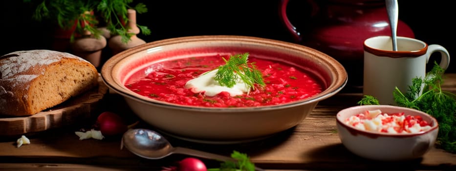 Red borscht in a plate. Selective focus. Food.