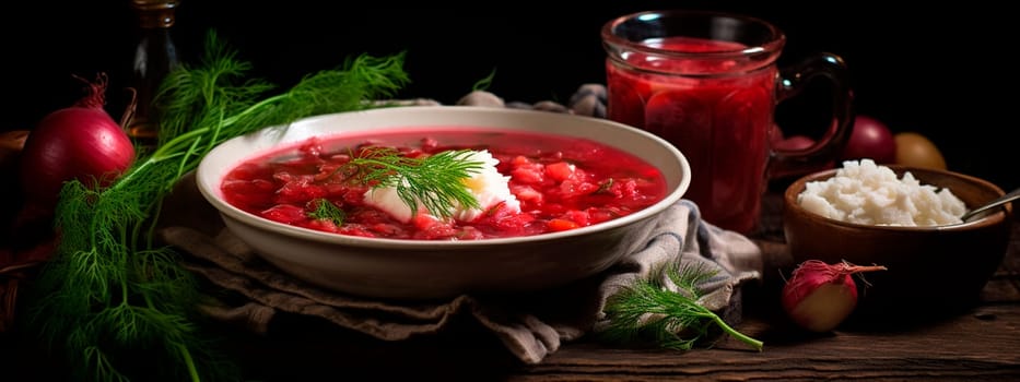 Red borscht in a plate. Selective focus. Food.